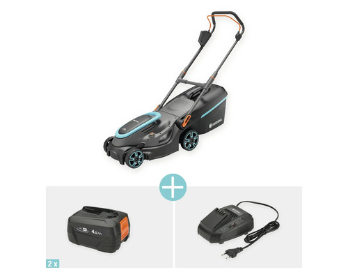 Gardena Akku Rasenmäher Set mit zwei Akkus und Ladegerät