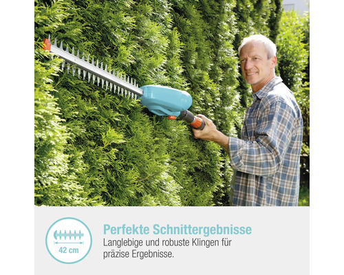 Mann schneidet Hecke mit einer Heckenschere.