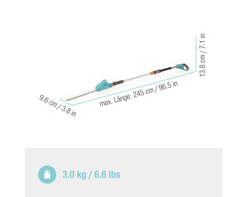 Taille-haies télescopique sans fil Gardena avec dimensions