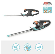 Zwei Gardena Akku-Heckenscheren mit dem Power for All 18V Alliance Logo und dem Solo Symbol, das darauf hinweist, dass kein Akku enthalten ist