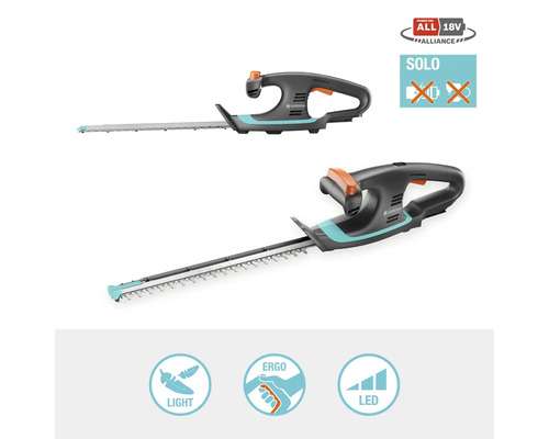 Zwei Gardena Akku-Heckenscheren mit dem Power for All 18V Alliance Logo und dem Solo Symbol, das darauf hinweist, dass kein Akku enthalten ist