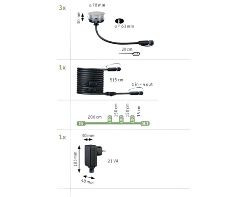 Illustration des dimensions du kit de spots de sol, composé de trois spots, d''un câble et d''un transformateur.