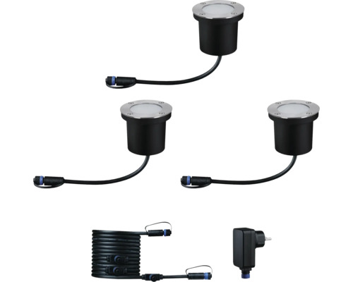 Ensemble de trois spots encastrables au sol, câble d''alimentation et bloc d''alimentation pour l''extérieur