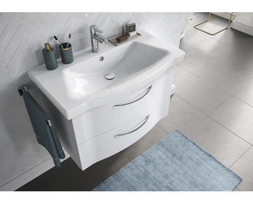 Waschtisch mit Unterschrank und zwei Schubladen im Badezimmer.
