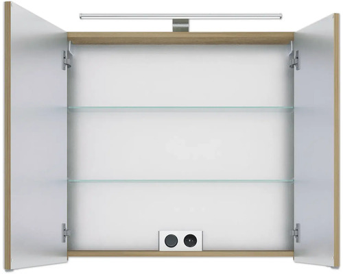 Offener Spiegelschrank mit zwei Glasböden und Steckdosen
