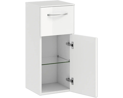 Weißer Badschrank mit Schublade und offener Tür mit Glasboden