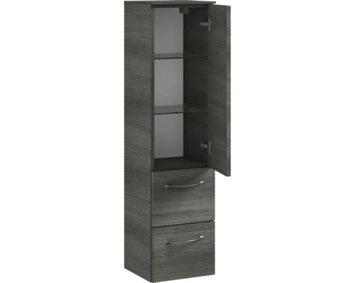 Hochschrank mit zwei Schubladen und einem offenen Fach mit Glaseinlegeböden