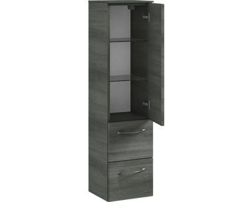 Hochschrank mit zwei Schubladen und einem offenen Fach mit zwei Glasböden