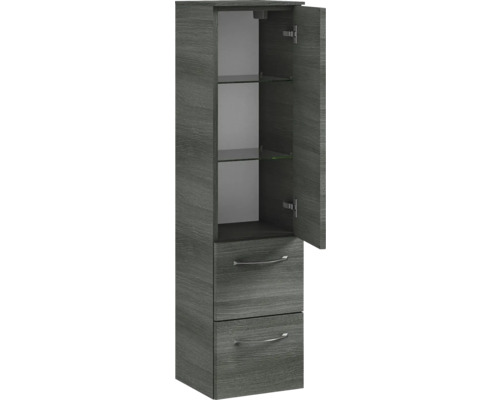 Hochschrank mit zwei Schubladen und Tür mit Glaseinlegeböden