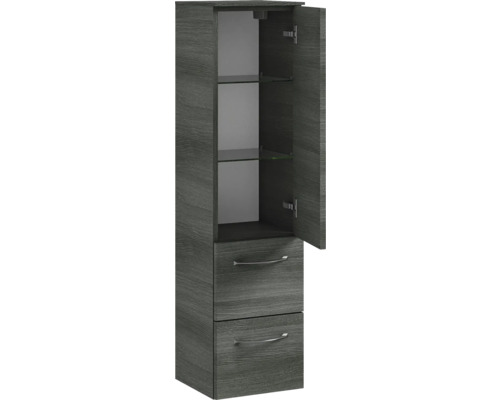 Hochschrank mit zwei Schubladen, einer Tür und Glasböden