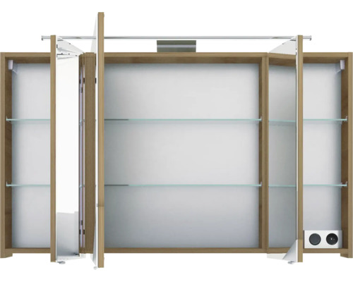 Armoire de toilette avec éléments en bois, étagères en verre, éclairage et prises de courant