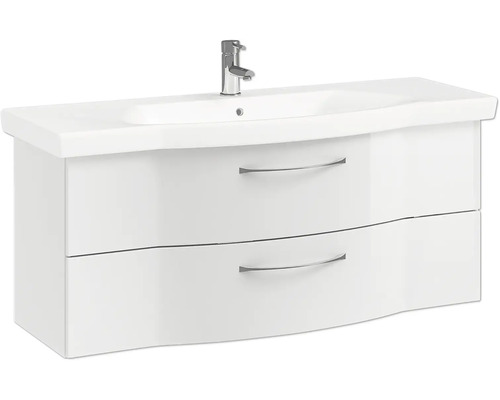Weißer Waschtischunterschrank mit zwei Schubladen und Aufsatzwaschbecken