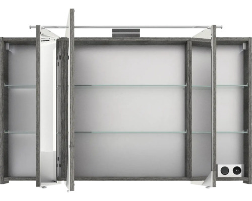 Offener Spiegelschrank mit Glasablagen und Steckdosen