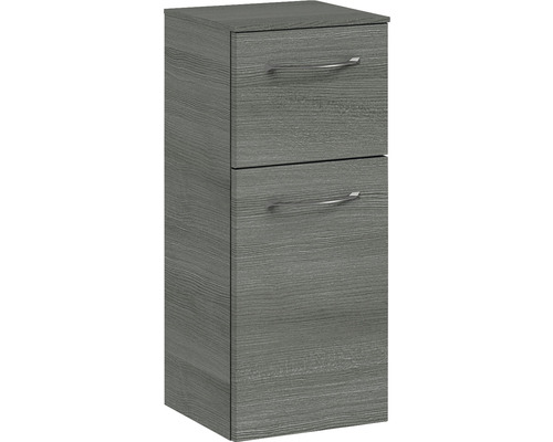 Grauer Badezimmer Hochschrank mit zwei Schubladen und Griffen.