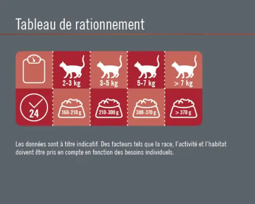 Tableau des rations alimentaires pour chats en fonction du poids de l''animal