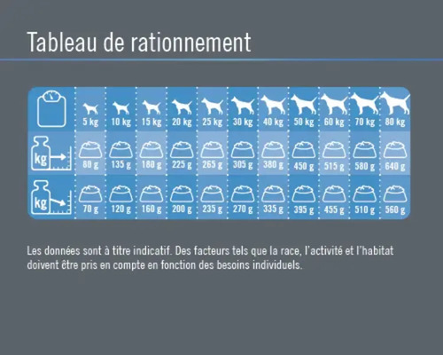 Tableau d''alimentation pour chiens par poids