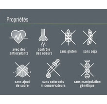 Propriétés : Avec des antioxydants, contrôle des odeurs, sans gluten, sans soja, sans sucre ajouté, sans colorants ni conservateurs, sans manipulation génétique.