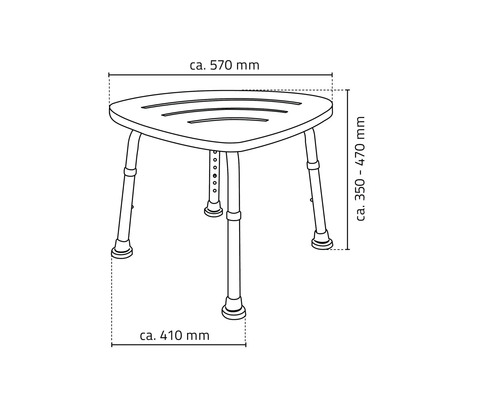 Zeichnung eines dreieckigen Duschhockers mit verstellbaren Beinen und Maßangaben.