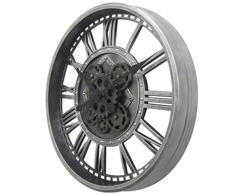 Horloge murale décorative avec chiffres romains et design d''engrenages.