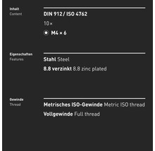 Zylinderschraube m. Innensechskant INBUS® DIN 912 Vollgewinde M4x6 mm 8.8 galv. verzinkt 10 Stück