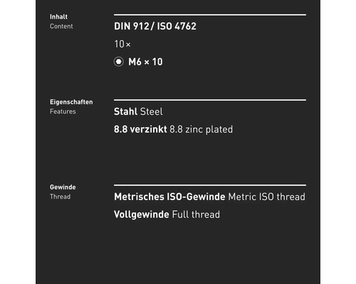 Informationen zu Inhalt, Eigenschaften und Gewinde der Schraube nach DIN 912/ISO 4762, 10 Stück, M6 x 10, Stahl, 8.8 verzinkt, metrisches ISO-Gewinde, Vollgewinde.