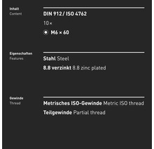 Informationen zu Inhalt, Eigenschaften und Gewinde von Stahlschrauben M6 x 60