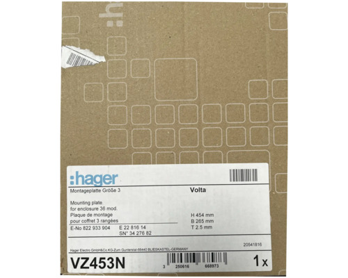 Hager Volta Montageplatte Größe 3 für Gehäuse mit 36 Modulen