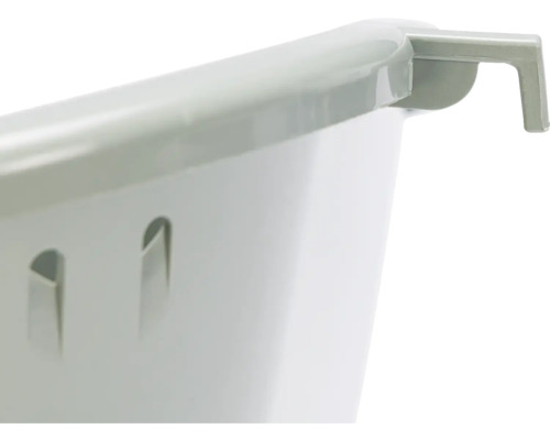 Vue détaillée d''un panier de rangement avec dispositif de suspension.