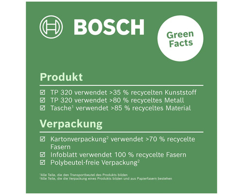 Bosch Logo. Produktinformationen zur Verwendung von recycelten Materialien in Produkt und Verpackung.