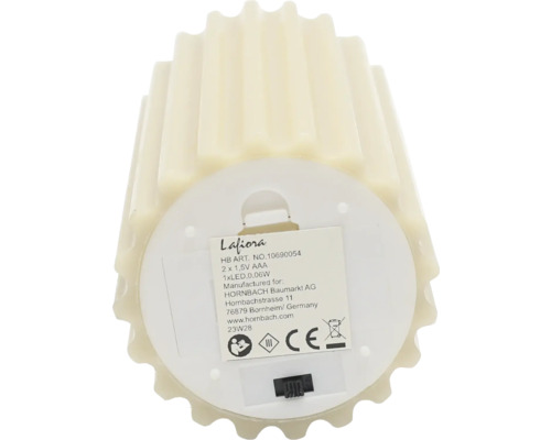 Lafiora LED Echtwachskerze für den Innenbereich, Unterseite mit Batteriefach und Hinweisen