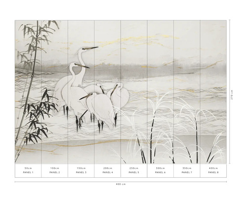 Fototapete mit Reiher- und Bambusmotiv, 400 cm breit und 270 cm hoch