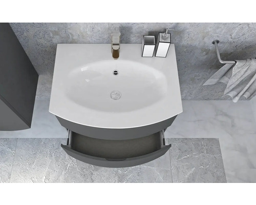 Waschtisch mit offenem Schubfach und Waschtischarmatur von oben