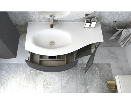 Vue de dessus d''une salle de bains avec lavabo, tiroir et robinetterie