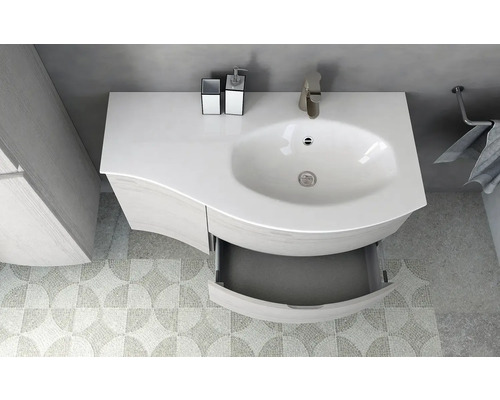 Salle de bain avec meuble sous-lavabo, lavabo, robinet et tiroir ouvert