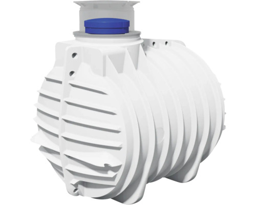 Weisse Zisterne aus Kunststoff mit blauem Deckel