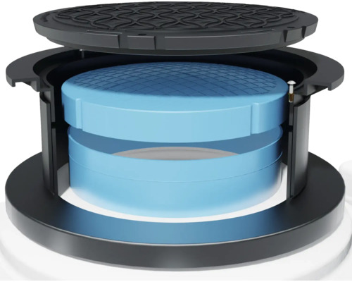 Regard de visite ouvert avec éléments de filtration bleus