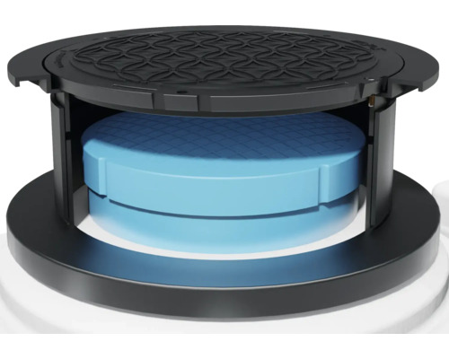 Geöffnete Revisionsschachtabdeckung mit blauem Einsatz