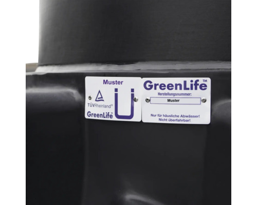 Label GreenLife sur réservoir d''eau de pluie avec le label TÜV Rheinland
