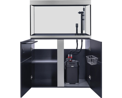 Aquarium avec meuble bas et portes ouvertes