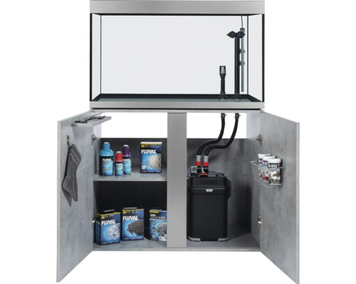 Aquarium avec meuble bas et accessoires tels que filtres, nettoyants et produits d''entretien