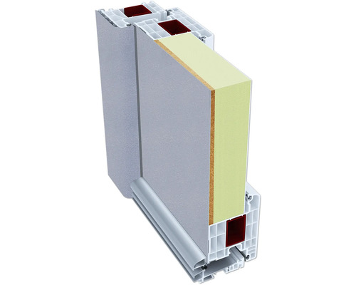 Coupe transversale d''une porte avec profilé à chambres multiples, isolation et remplissage