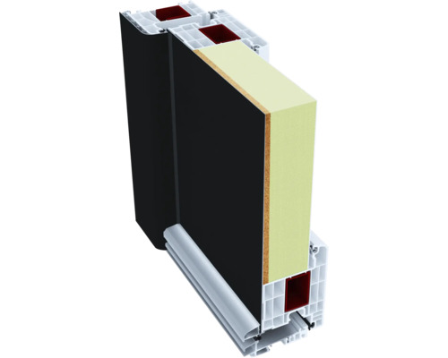 Coupe transversale d''une porte avec cadre en plastique, isolation et remplissage