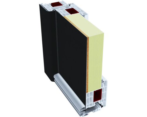 Coupe transversale d''une porte avec cadre en plastique et matériau isolant