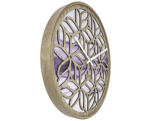 Horloge murale ronde en bois avec motif floral et affichage de l''heure