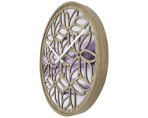 Horloge murale décorative en bois avec motif floral et affichage de l''heure