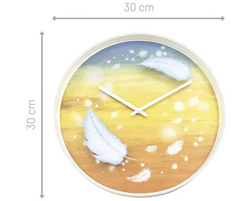 Runde Wanduhr, 30 cm Durchmesser, mit Federmotiv