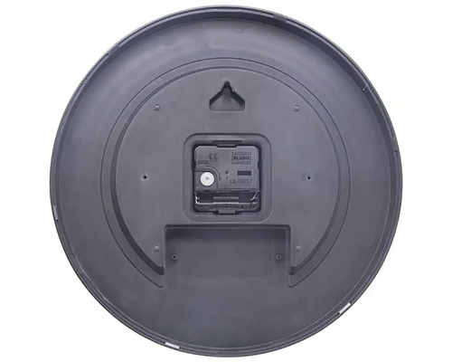 Rückseite einer runden Wanduhr mit Quarzwerk