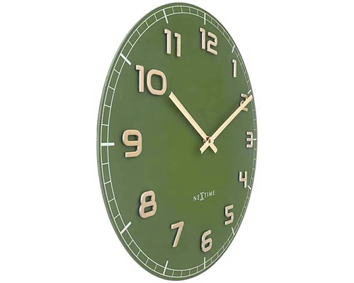 Nextime Wanduhr, runde grüne Uhr mit goldenen Zeigern und Ziffern