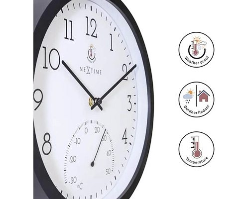 Wanduhr mit Thermometer für den Innen- und Außenbereich sowie Symbole für Wetterfestigkeit und Temperaturanzeige