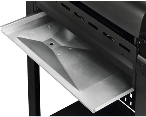 Vue détaillée du compartiment de rangement latéral sur un barbecue.